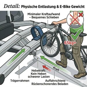 Schwere E-Bikes mühelos transportieren mit einem Fahrradträger mit Rampe bei Rückenproblemen ohne Hebeaufwand.