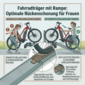 Vergleich der rückenschonenden Körperhaltung dank einem Fahrradträger mit Rampe für Frauen.