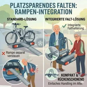 Platzsparende Aufbewahrung und einfaches Zusammenfalten vom Fahrradträger mit Rampe für Senioren.