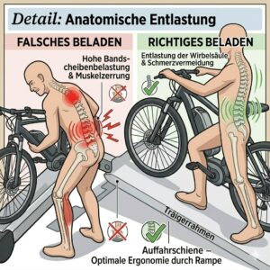 Anatomische Darstellung der Wirbelsäulenentlastung durch einen Fahrradträger mit Rampe bei Rückenproblemen