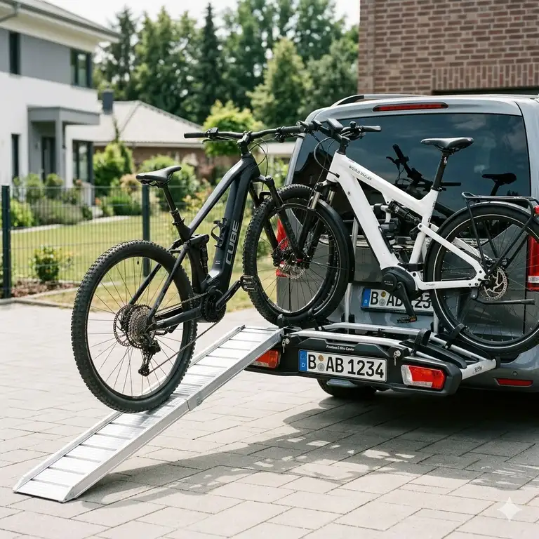 Professioneller Fahrradträger mit Rampe und Diebstahlschutz für das Auto.