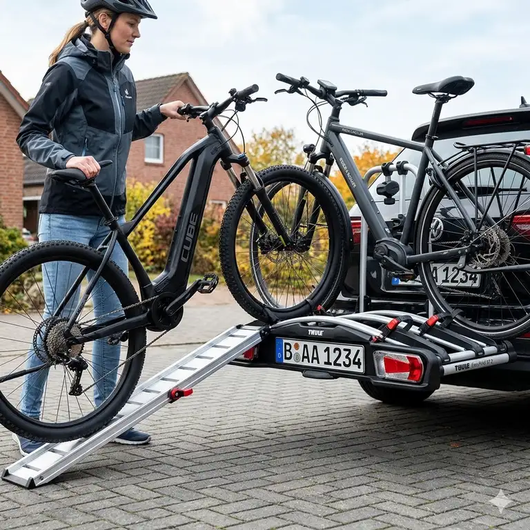 Premium Fahrradträger mit Rampe und Verriegelungssystem montiert an einer Anhängerkupplung für sicheren E-Bike Transport.
