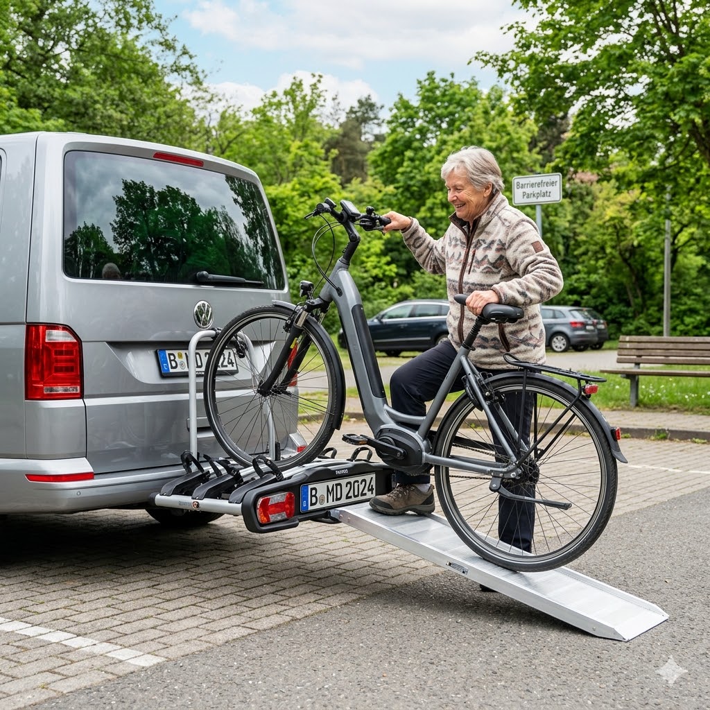 Ein moderner Fahrradträger mit Rampe für Menschen mit Behinderung am Heck eines Autos montiert.