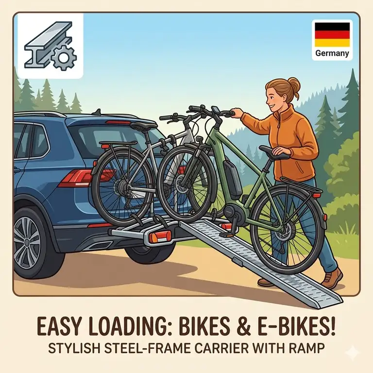 Ein hochwertiger Fahrradträger mit Rampe aus Stahlrahmen montiert an einem Fahrzeug für den sicheren E-Bike-Transport.
