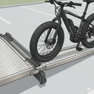 Ein E-Bike Fahrradträger mit Rampe für Fatbike wird verwendet, um das Fahrrad aufzuladen.