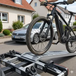 Ein schweres Elektrofahrrad wird über die Auffahrampe auf den Fahrradträger mit hoher Tragfähigkeit geschoben.