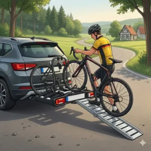 Eine Auffahrschiene am Fahrradträger mit Rampe für Rennräder erleichtert das Beladen von Rennrädern ohne Heben.