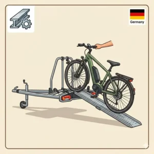 Komfortables Beladen eines E-Bikes über die Auffahrschiene am Fahrradträger mit Rampe aus Stahlrahmen.