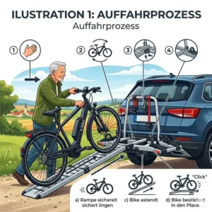Die Nutzung der Ladeschiene beim Aluminium Fahrradträger mit Rampe zum einfachen Auffahren der Fahrräder.