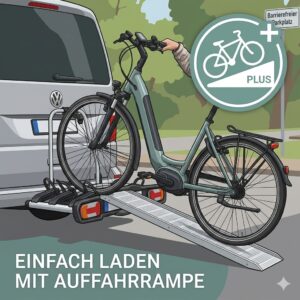 Die einfache Nutzung der Auffahrschiene am Fahrradträger mit Rampe für Menschen mit Behinderung.