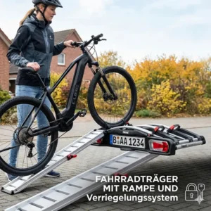 Illustration einer Auffahrschiene am Fahrradträger mit Rampe zur einfachen Beladung schwerer Elektrofahrräder.