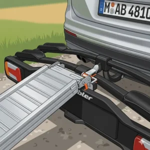 Detailansicht der stabilen Auffahrschiene vom Fahrradträger mit Rampe für Mountainbikes.