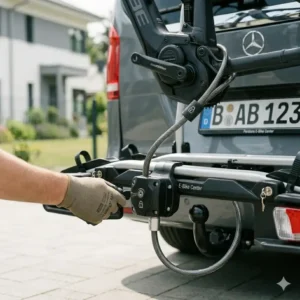 Detaillierte Ansicht der Sicherung am Fahrradträger mit Rampe und Diebstahlschutz.