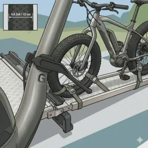 Die Fixierung für breite Reifen auf dem E-Bike Fahrradträger mit Rampe für Fatbike.