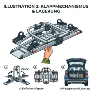 Kompakte Lagerung und Klappfunktion vom Aluminium Fahrradträger mit Rampe im Detail dargestellt.