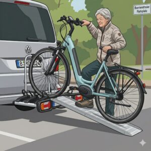 Ein schweres E-Bike wird sicher auf den Fahrradträger mit Rampe für Menschen mit Behinderung geschoben.