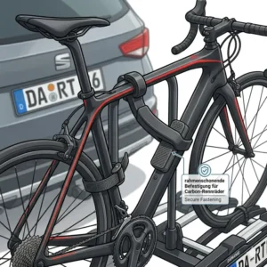 Detailansicht der Rahmenschonenden Befestigung am Fahrradträger mit Rampe für Rennräder für Carbon-Rennräder.