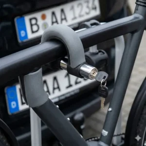 Detailansicht vom Fahrradträger Verriegelungssystem mit Diebstahlsicherung für Rahmenhalter und Kupplung.