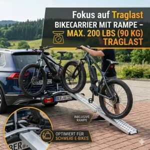 Technische Grafik zur maximalen Traglast von 200 lbs für schwere E-Bikes auf dem Fahrradträger.