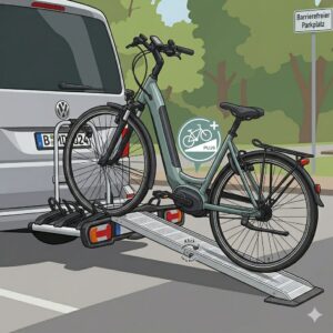 Detailansicht der stabilen Konstruktion vom Fahrradträger mit Rampe für Menschen mit Behinderung.