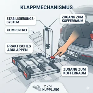 E-Bike Fahrradträger mit Rampe für 2 Zoll Kupplung mit Klappmechanismus.