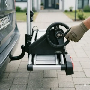 Platzsparende Aufbewahrung der Schiene am Fahrradträger mit Rampe und Diebstahlschutz