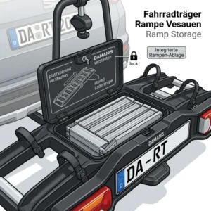 Illustration einer platzsparend verstauten Laderampe direkt am Fahrradträger mit Rampe für Rennräder-System.