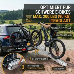 Illustration des Klappmechanismus zum einfachen Verstauen der Auffahrampe am Fahrradträger.