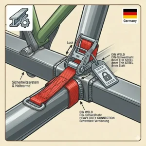 Sicherheitssystem und Haltearme am Fahrradträger mit Rampe aus Stahlrahmen zur Fixierung der Räder.