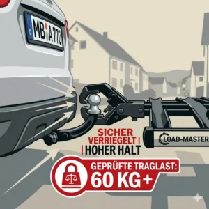 Robuster Fahrradträger mit Rampe mit hoher Tragfähigkeit sicher verriegelt auf der Anhängerkupplung eines Autos.
