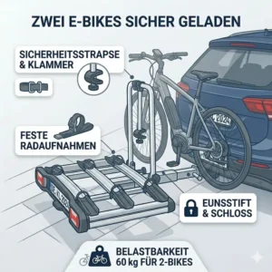 E-Bike Fahrradträger mit Rampe für 2 Zoll Kupplung beladen mit zwei E-Bikes.