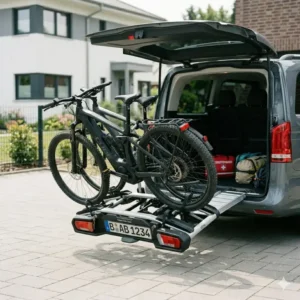 Abklappfunktion für Kofferraumzugang beim Fahrradträger mit Rampe und Diebstahlschutz.