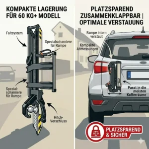 Platzsparend verstauter Fahrradträger mit Rampe mit hoher Tragfähigkeit im zusammengeklappten Zustand.