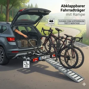 Abklappbarer Fahrradträger mit Rampe für Rennräder ermöglicht Zugang zum Kofferraum trotz montierter Rennräder.