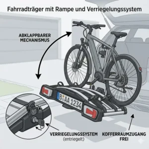Abklappbarer Fahrradträger mit Verriegelungssystem ermöglicht Kofferraumzugang trotz montierter Fahrräder.