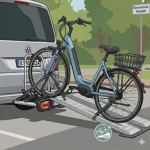Barrierefreies Beladen eines Dreirads auf den Fahrradträger mit Rampe für Menschen mit Behinderung.