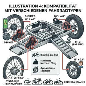 Flexibilität für verschiedene Fahrradtypen beim Aluminium Fahrradträger mit Rampe inklusive Mountainbikes.
