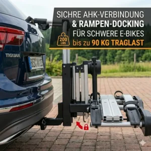 Sichere Montage des Fahrradträgers mit 200 lbs Traglast an der Anhängerkupplung.