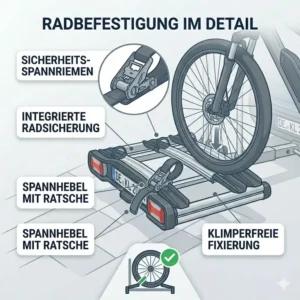 E-Bike Fahrradträger mit Rampe für 2 Zoll Kupplung Radbefestigung im Detail.