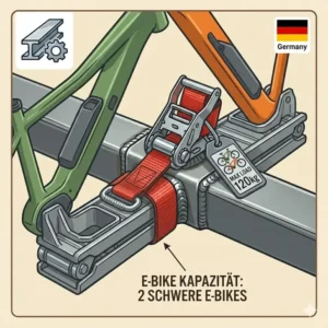 Fahrradträger mit Rampe aus Stahlrahmen, ideal geeignet für das hohe Gewicht von zwei schweren Elektrofahrrädern.