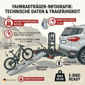 Infografik zu den Maßen und der maximalen Gewichtsbelastung für einen Fahrradträger mit Rampe mit hoher Tragfähigkeit.
