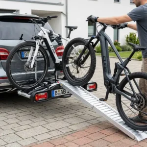 Ideal für schwere E-Bikes: Fahrradträger mit Rampe und Diebstahlschutz im Einsatz.