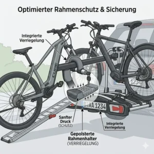 Gepolsterte Rahmenhalter am Fahrradträger mit Verriegelungssystem zum Schutz vor Kratzern am Fahrradrahmen.