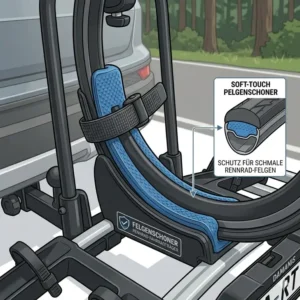 Spezielle Felgenschoner am Fahrradträger mit Rampe für Rennräder schützen die schmalen Laufräder von Rennrädern.