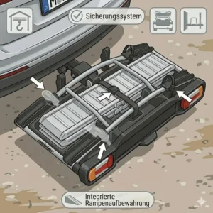 Illustration der integrierten Halterung für die Schiene am Fahrradträger mit Rampe für Mountainbikes.