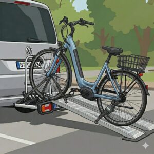 Die niedrige Beladehöhe am Fahrradträger mit Rampe für Menschen mit Behinderung erleichtert den Alltag.