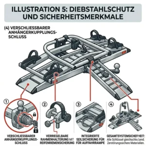 Sicherheitsmerkmale und integriertes Schloss am Aluminium Fahrradträger mit Rampe gegen Diebstahl.