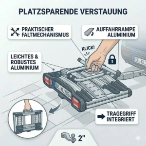 E-Bike Fahrradträger mit Rampe für 2 Zoll Kupplung platzsparend zusammengeklappt.