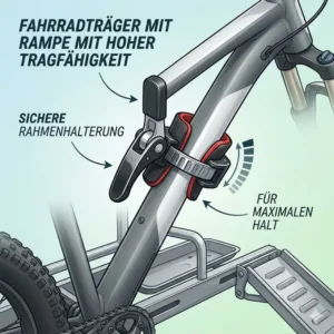Sichere Rahmenhalterung an einem Fahrradträger mit Rampe mit hoher Tragfähigkeit für maximalen Halt während der Fahrt.
