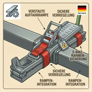 Integration der Laderampe am Fahrradträger mit Rampe aus Stahlrahmen während der Fahrt.